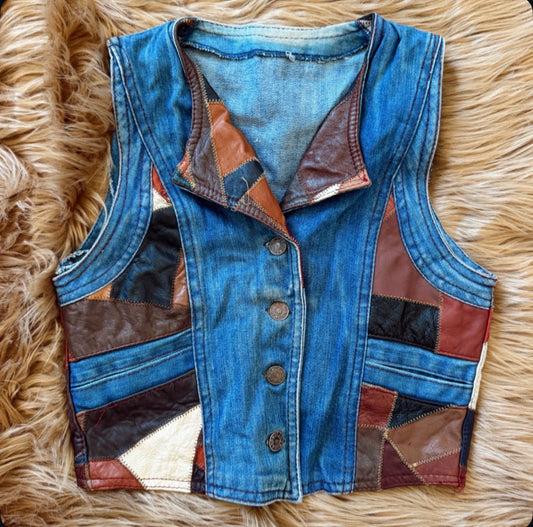 Vintage Patchwork Leather Denim Vest