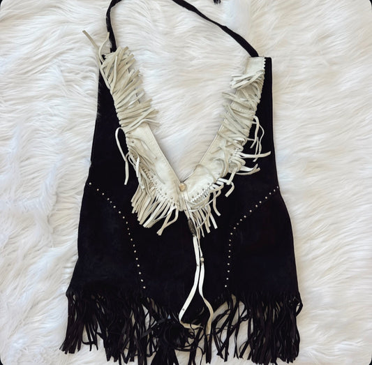 Vintage Black & White Fringe Halter Top