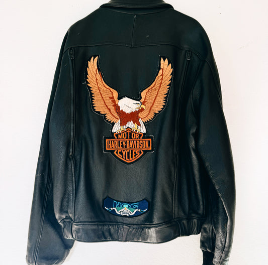 Vintage Harley Patch Leather Bomber Jacket