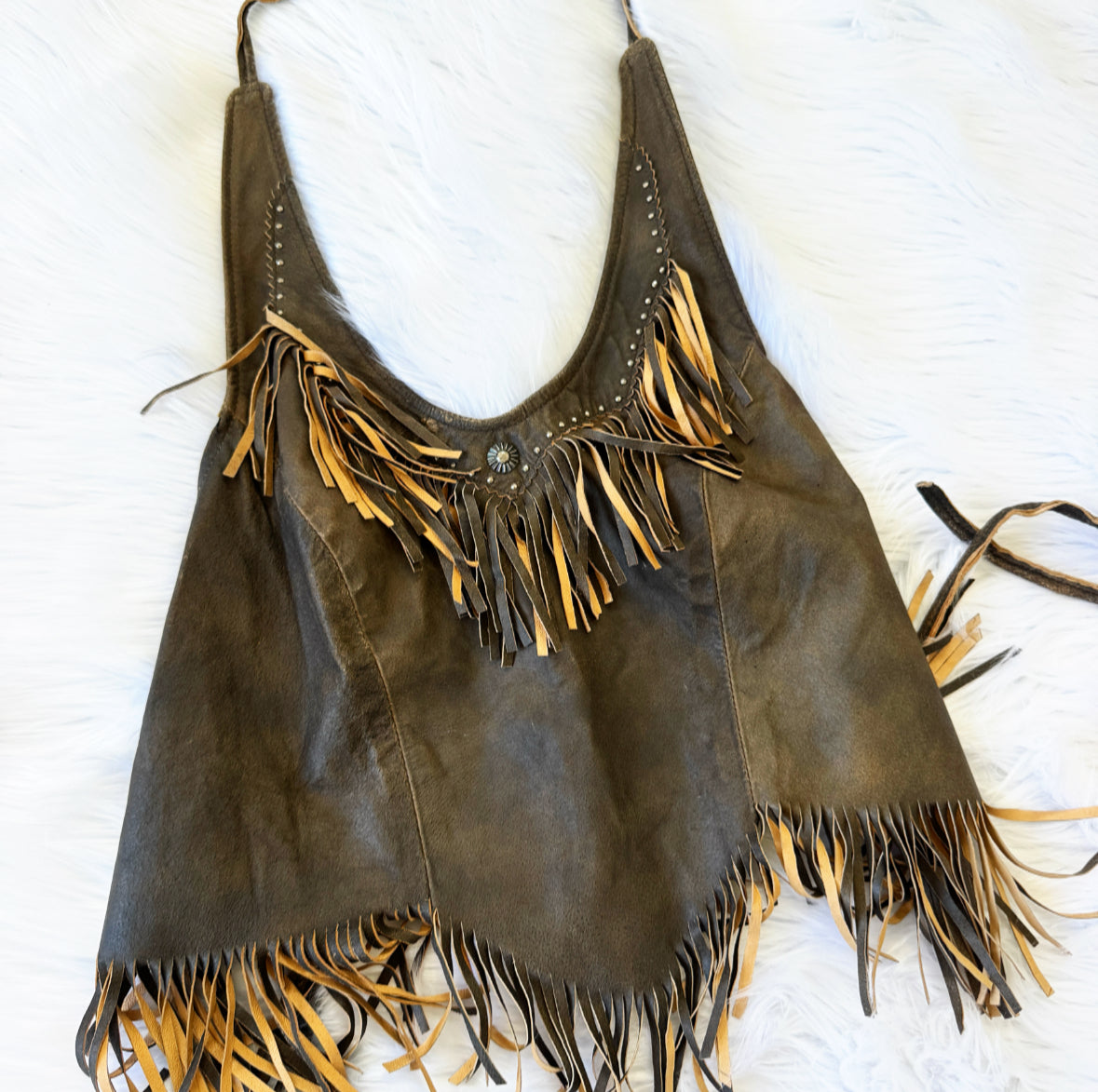Vintage Brown Fringe Leather Halter Top
