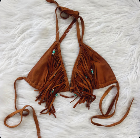 Vintage Brown Leather Fringe Halter Top