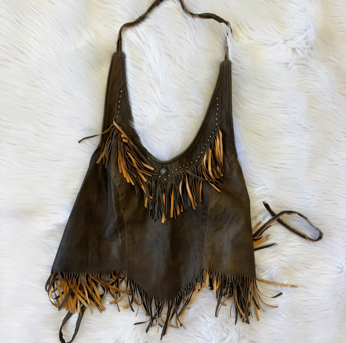 Vintage Brown Fringe Leather Halter Top