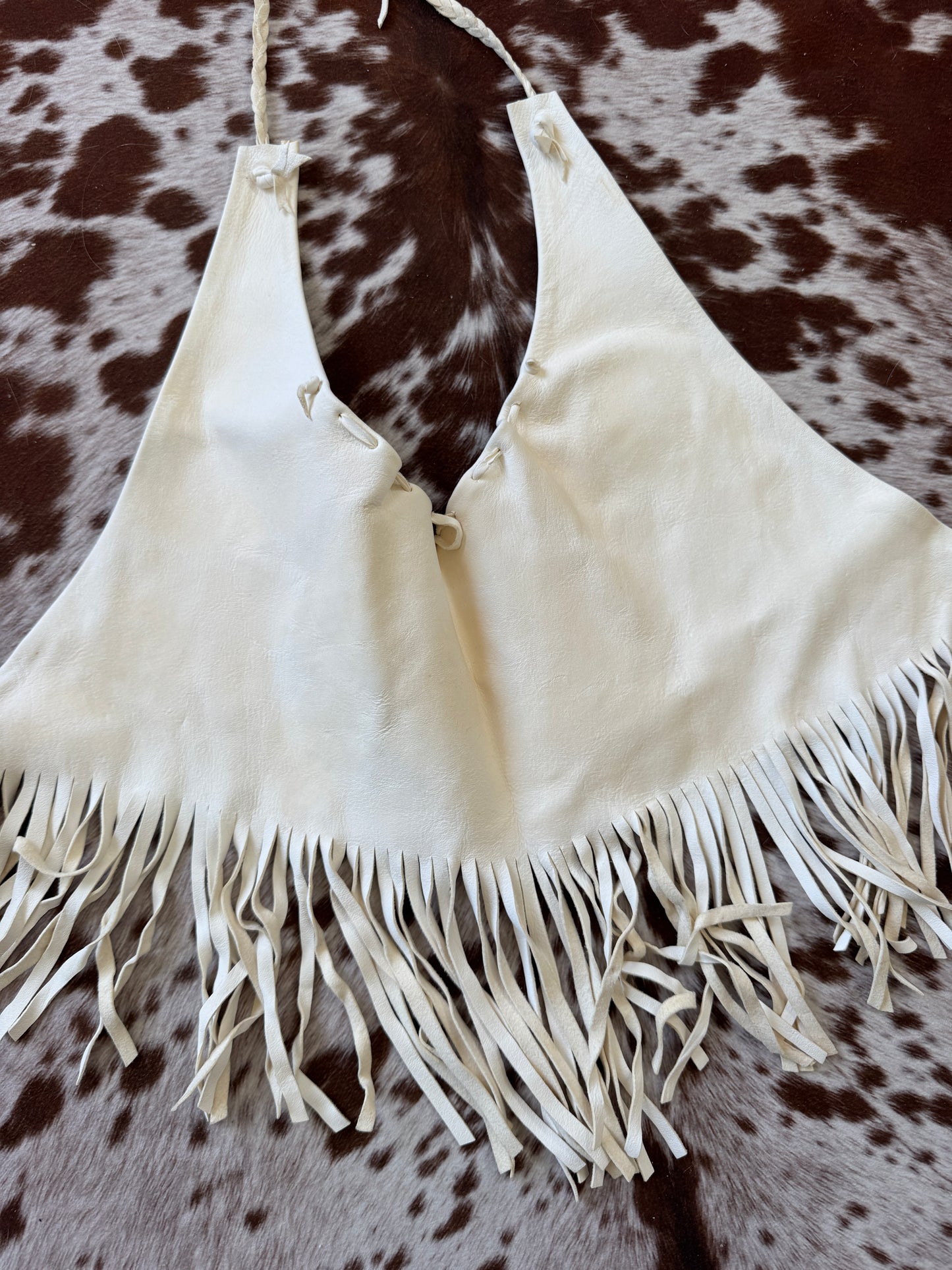 Vintage Cream Leather Fringe Halter Top