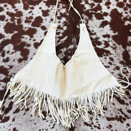 Vintage Cream Leather Fringe Halter Top