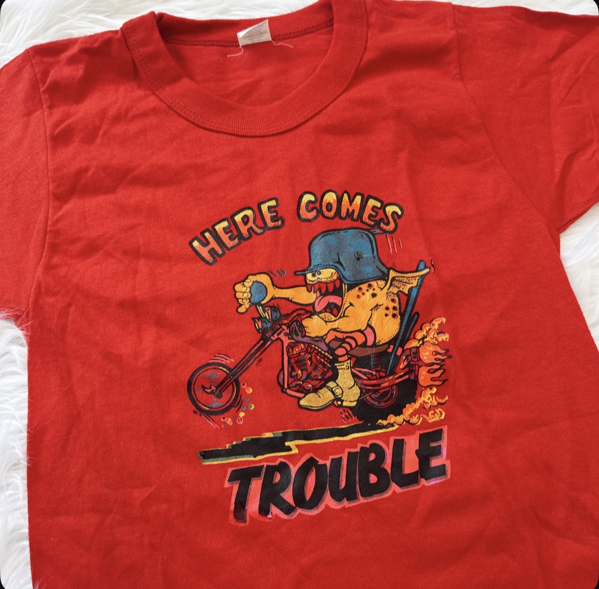 Vintage Here Comes Trouble Biker Tee