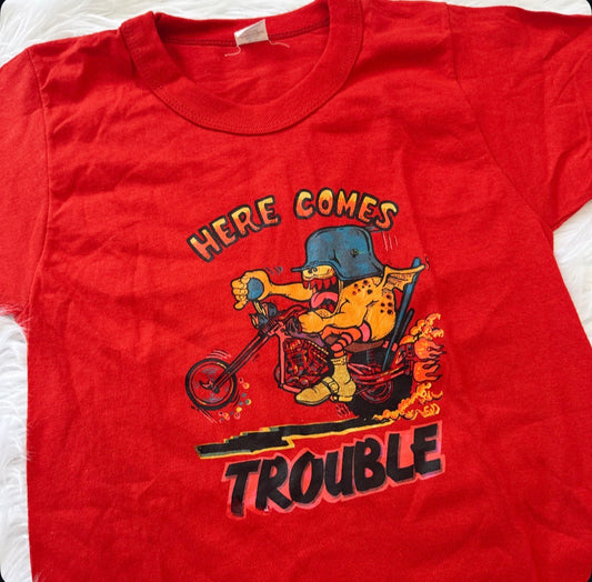 Vintage Here Comes Trouble Biker Tee