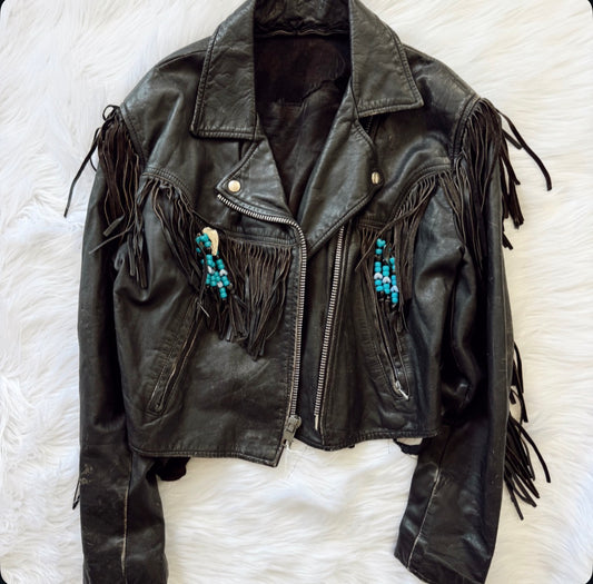 Vintage Black Leather Fringe Jacket