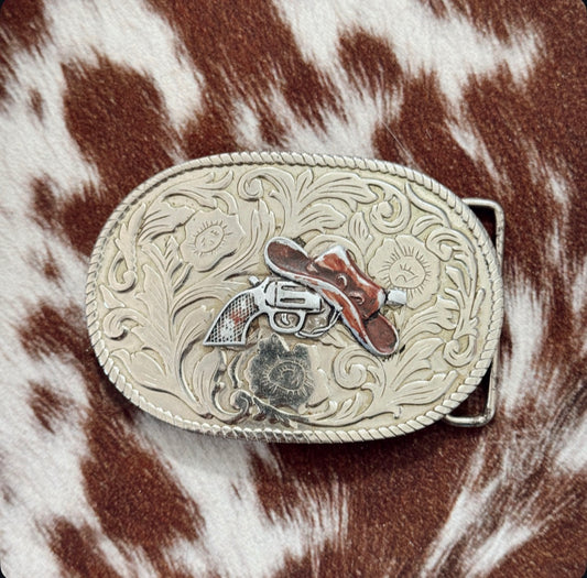Vintage Gun & Cowboy Hat Belt Buckle