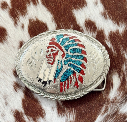 Vintage Native American Inlay Belt Buckle