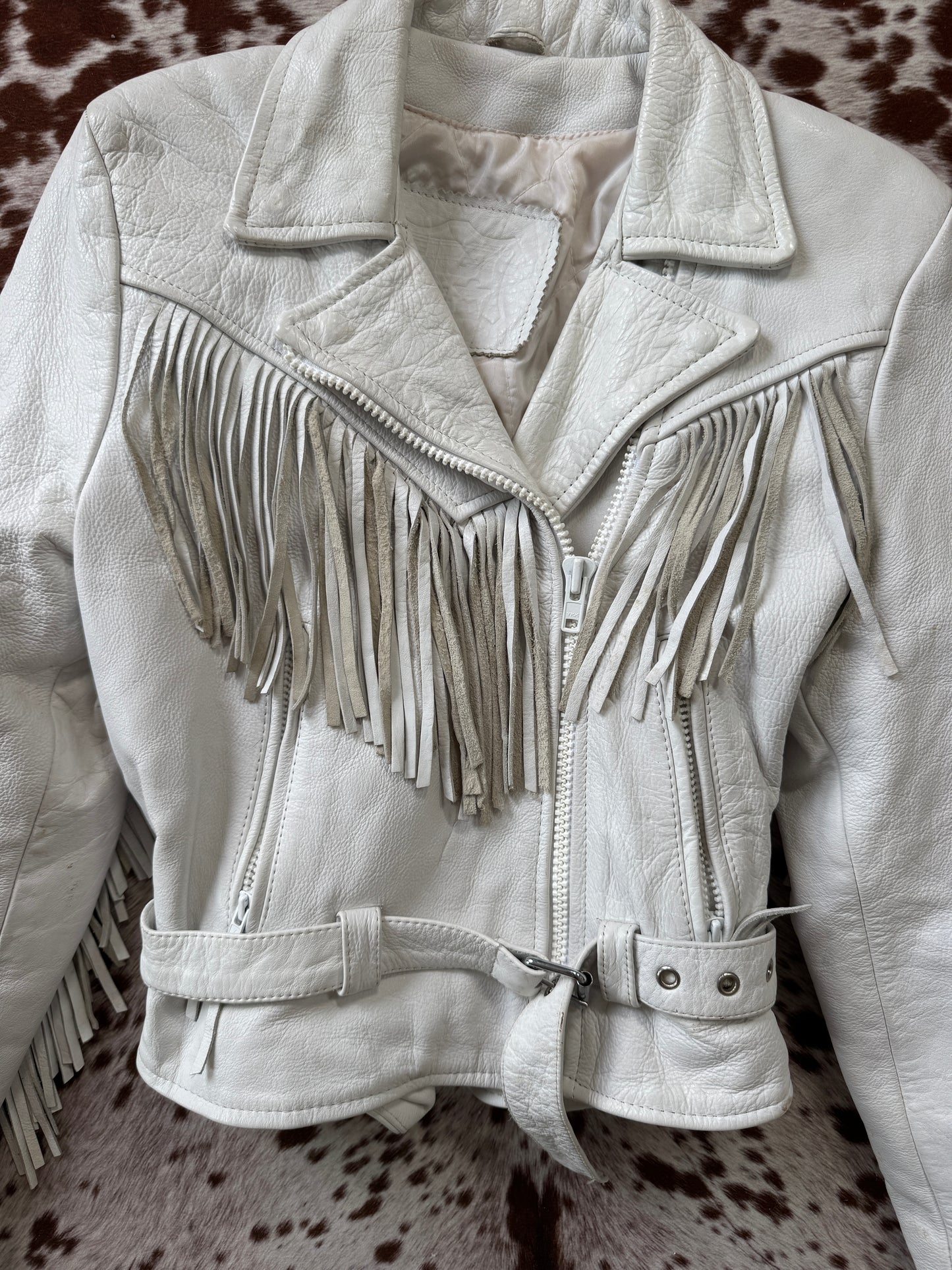 Vintage Biker White Fringe Leather Jacket