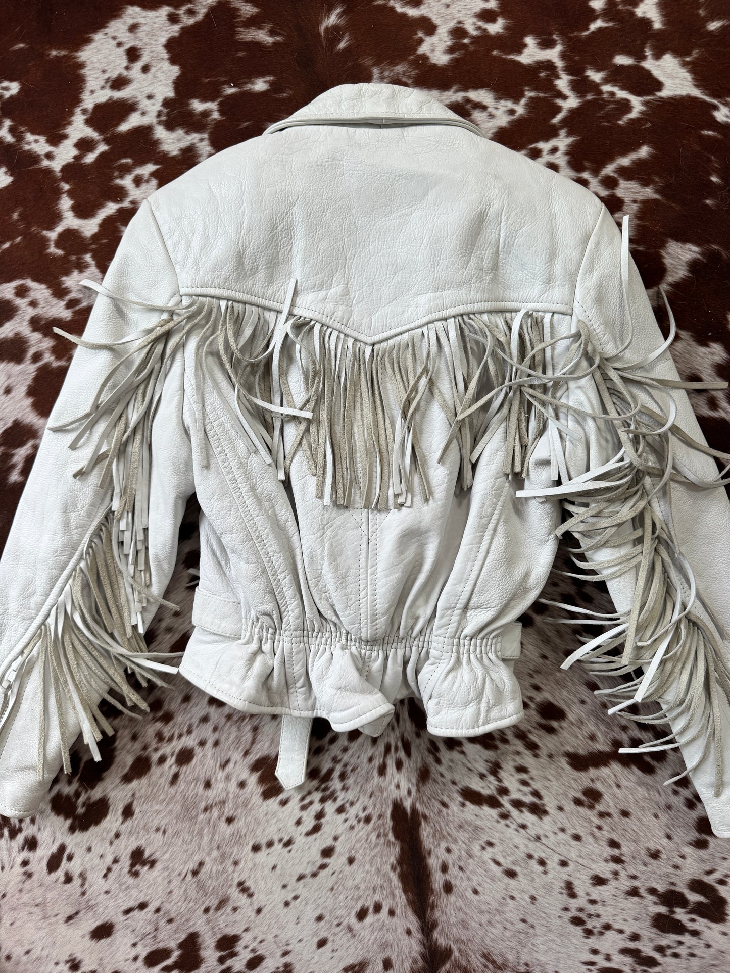 Vintage Biker White Fringe Leather Jacket