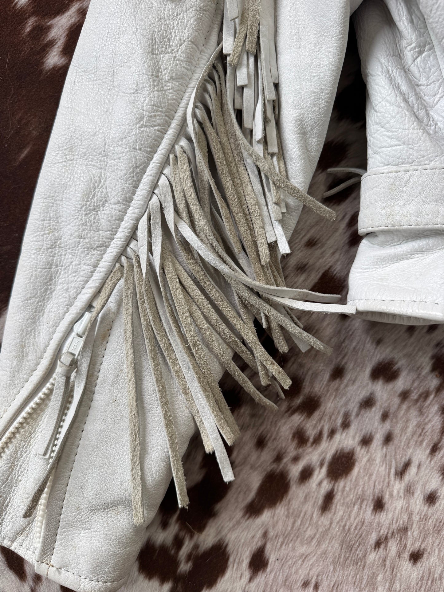 Vintage Biker White Fringe Leather Jacket