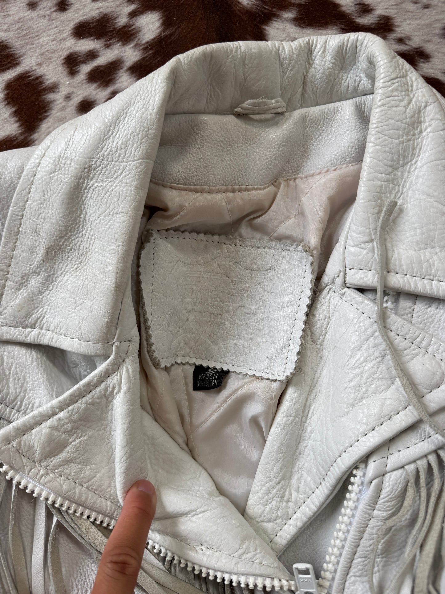 Vintage Biker White Fringe Leather Jacket