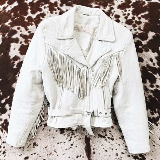 Vintage Biker White Fringe Leather Jacket