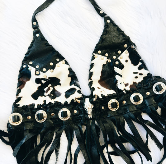 Vintage Cowhide Print Leather Fringe Halter Top