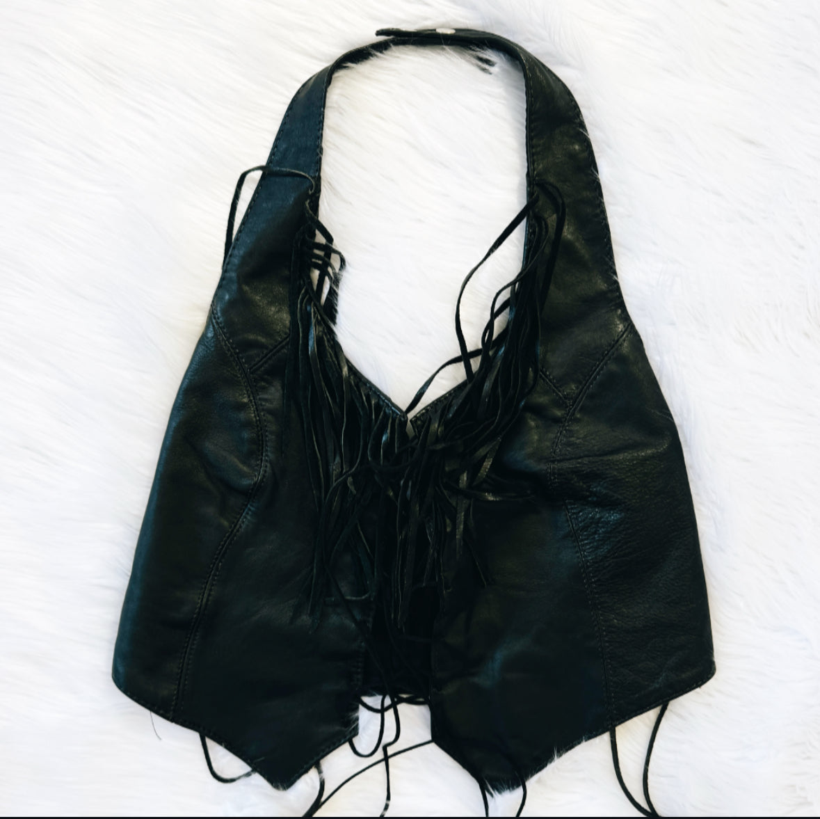 Vintage Black Leather Fringe Halter Top