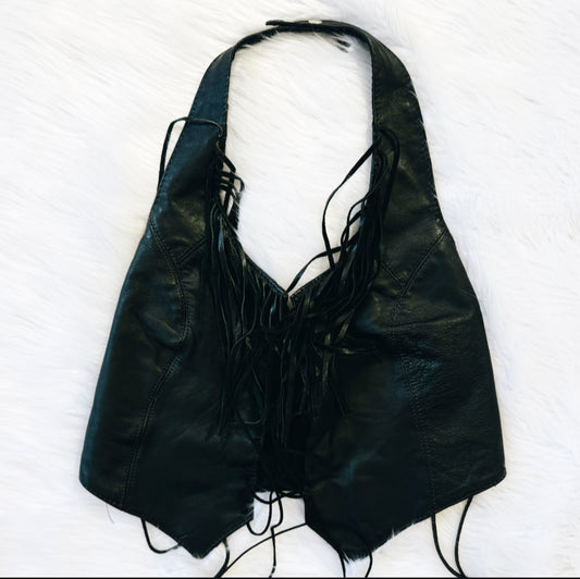 Vintage Black Leather Fringe Halter Top