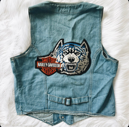 Vintage Harley Wolf Patch Denim Vest