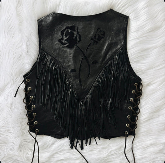 Vintage Black Rose Fringe Vest