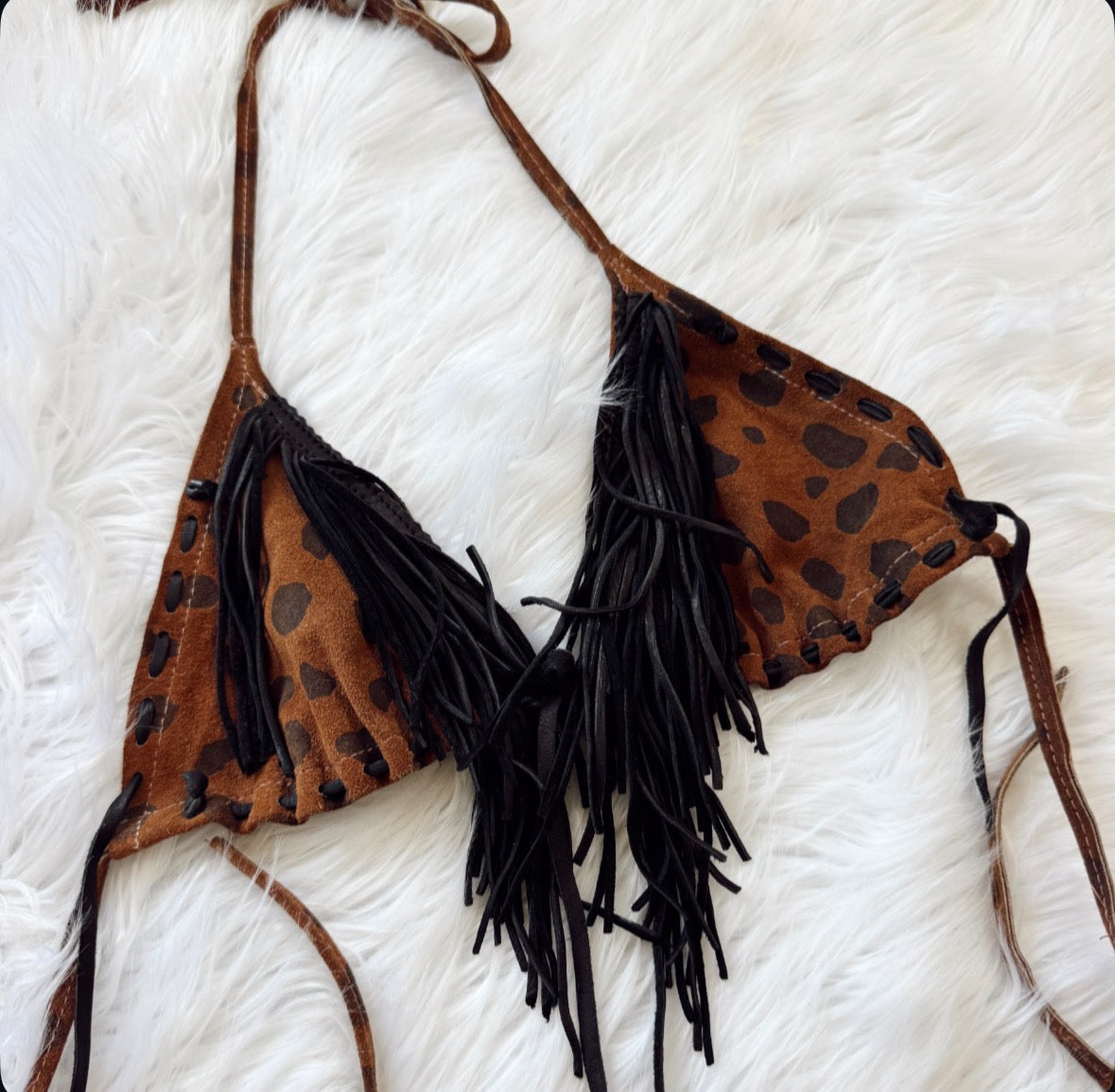 Vintage Leopard Suede Fringe Halter Top