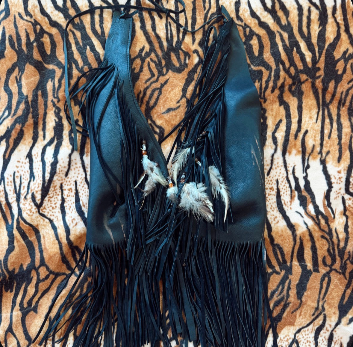 Vintage Balck leather Feather Halter Top