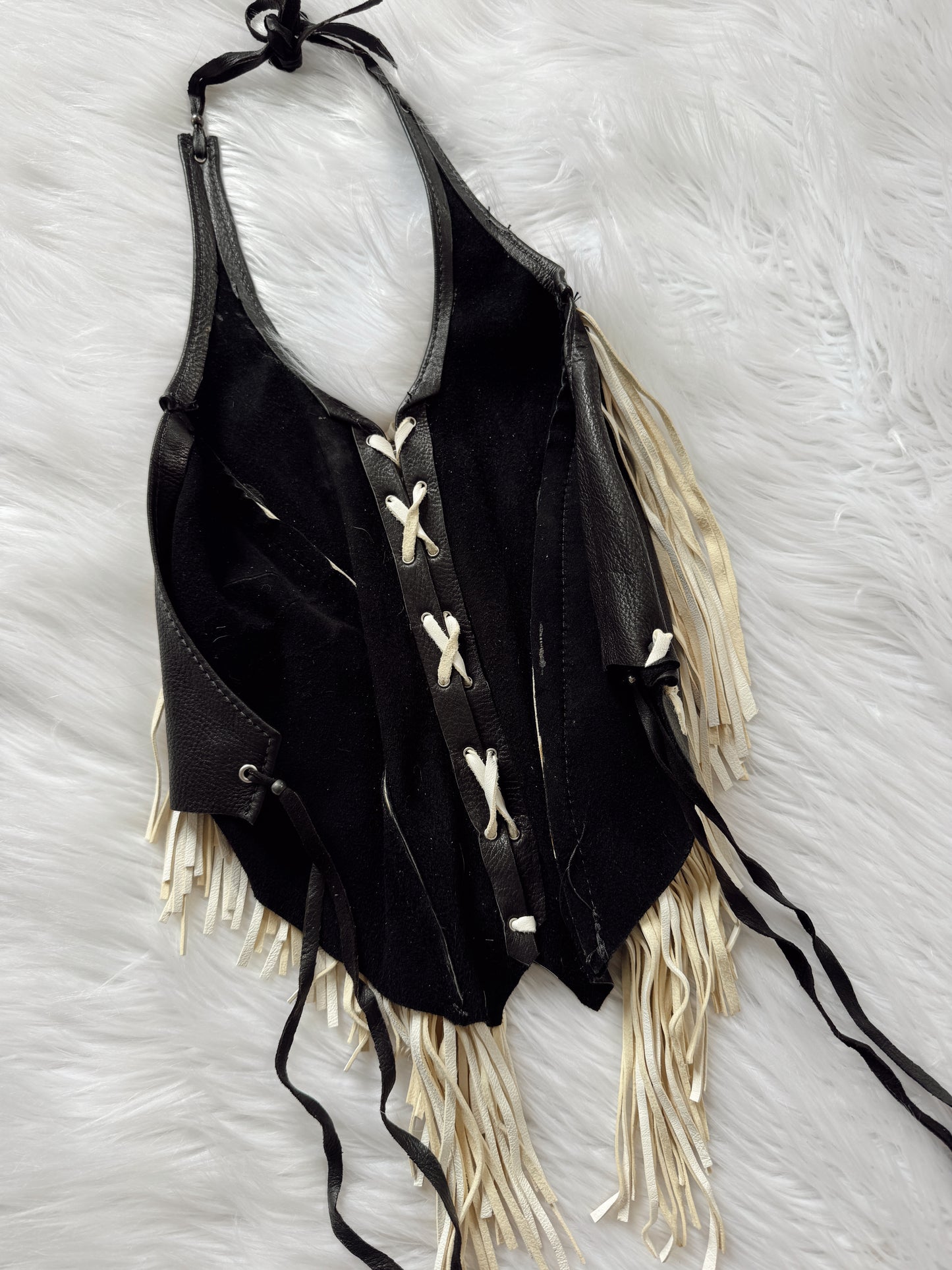 Vintage Black & White Fringe Leather Halter Top