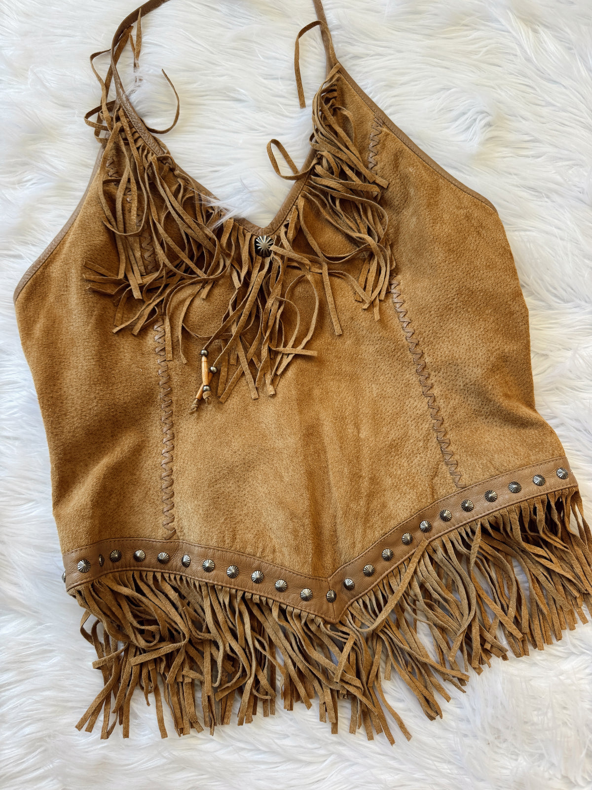 Vintage Studded Suede Fringe Halter Top