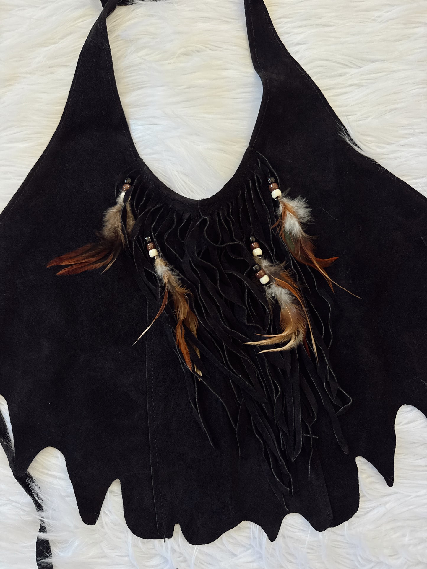 Vintage Suede Fringe Feather Halter Top