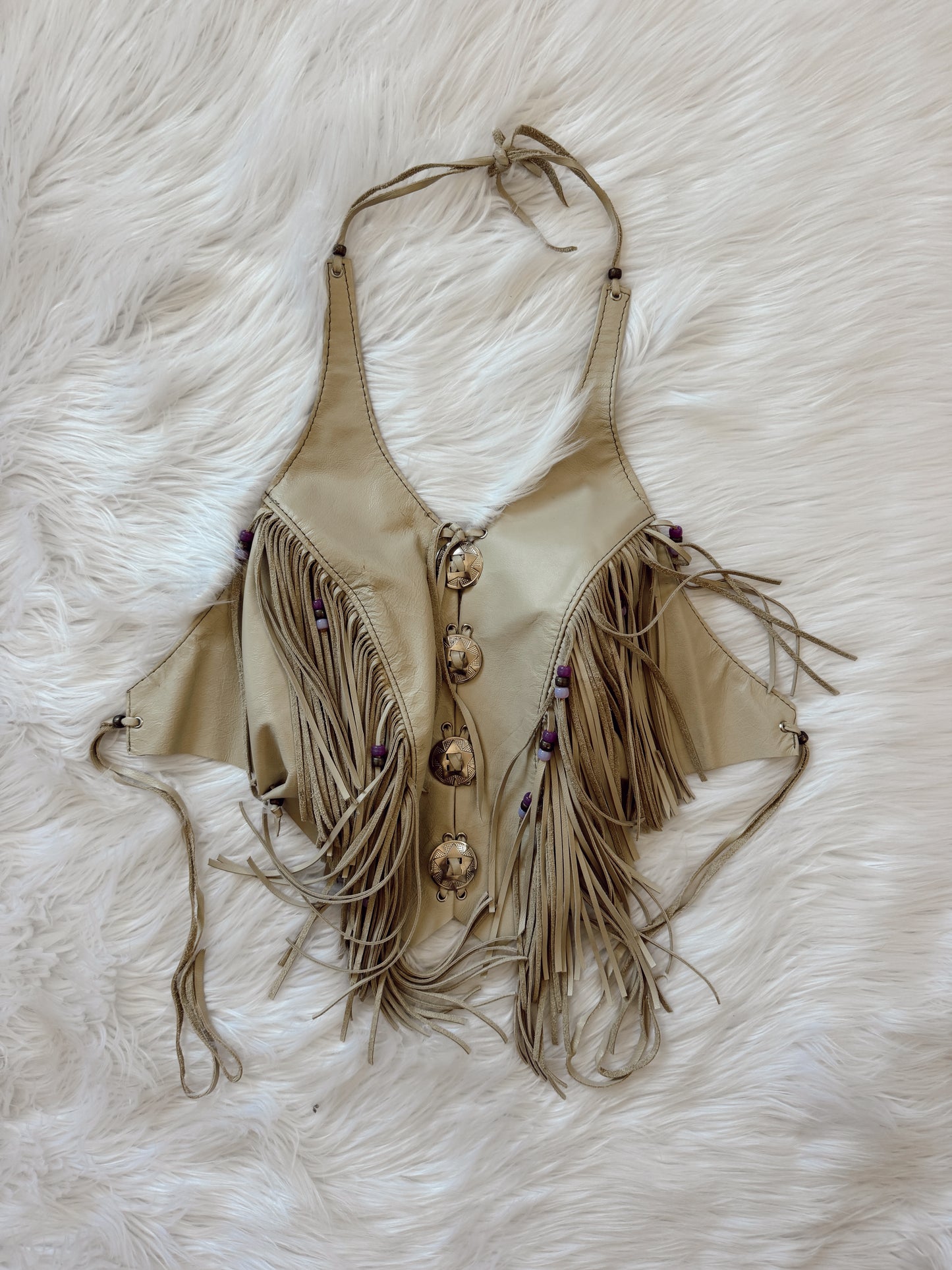 Vintage Leather Fringe Concho Halter Top