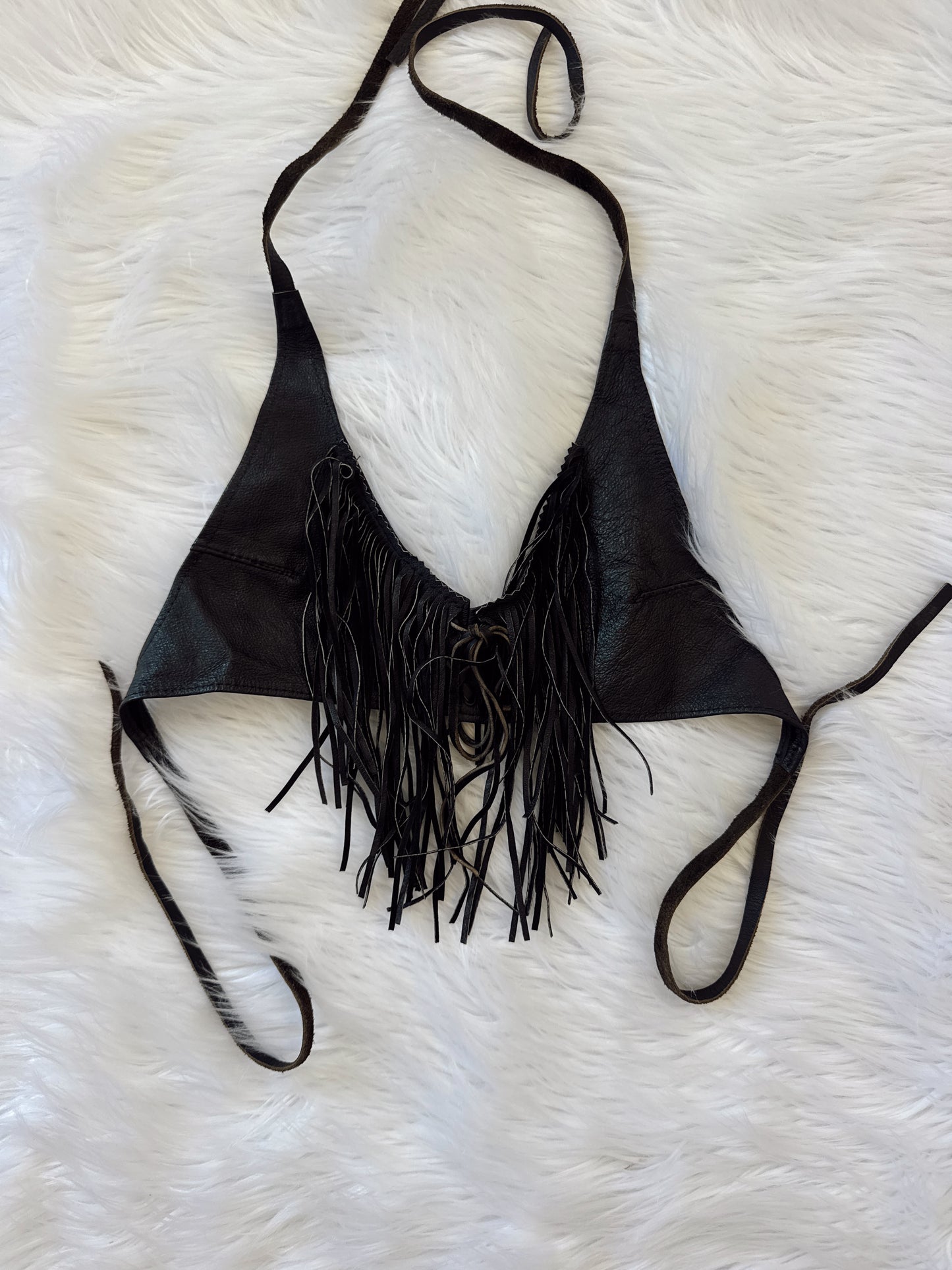 Vintage Fringe Black Leather Halter Top