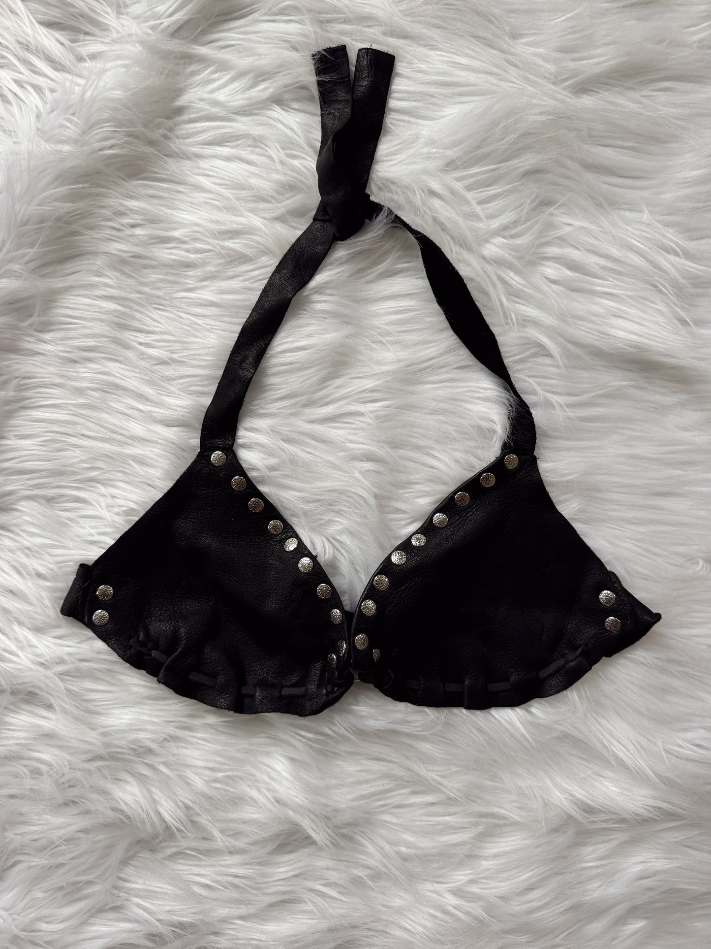Vintage Black Leather Studded Halter Top