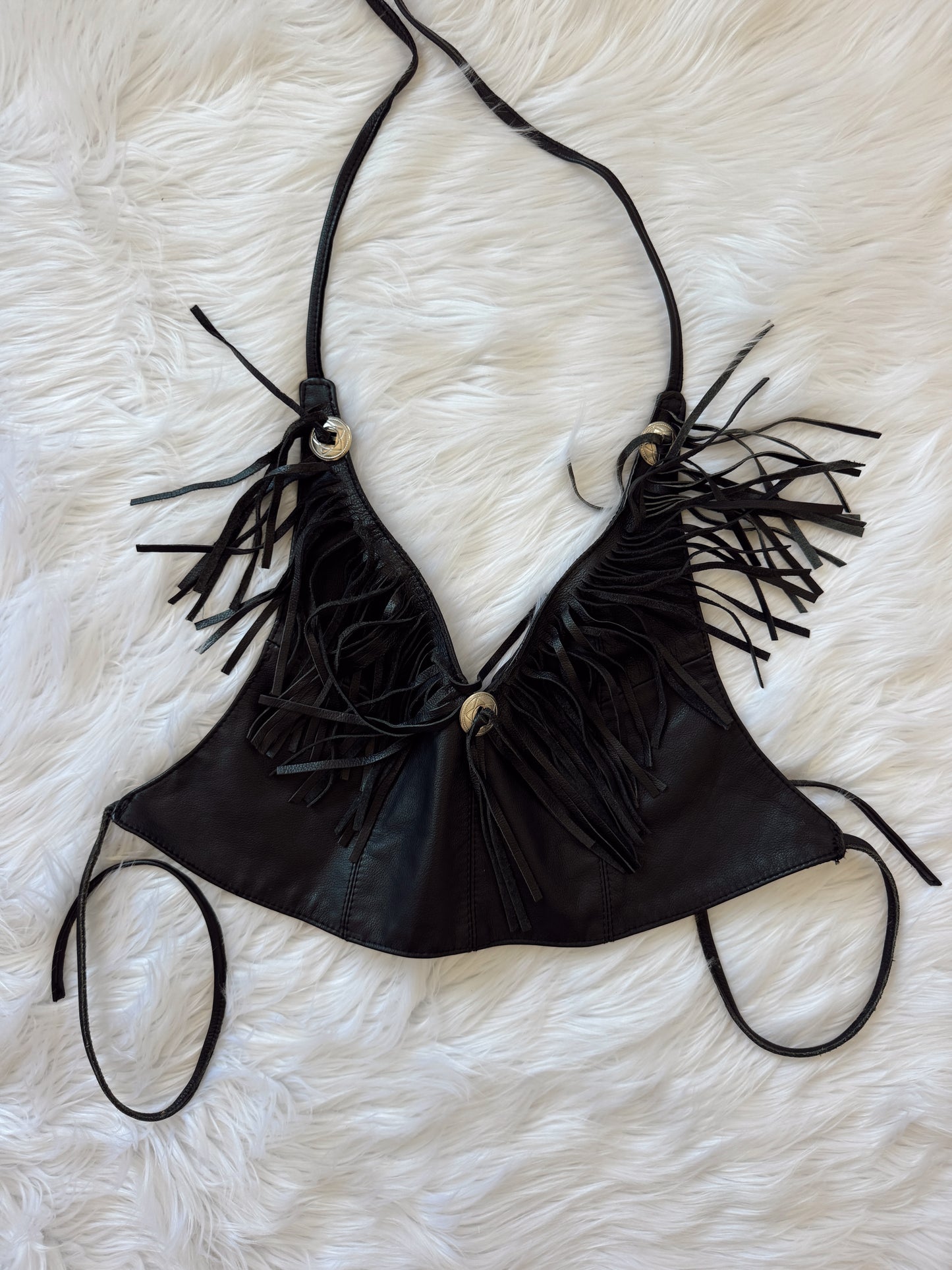 Vintage Black Fringe Concho Halter Top
