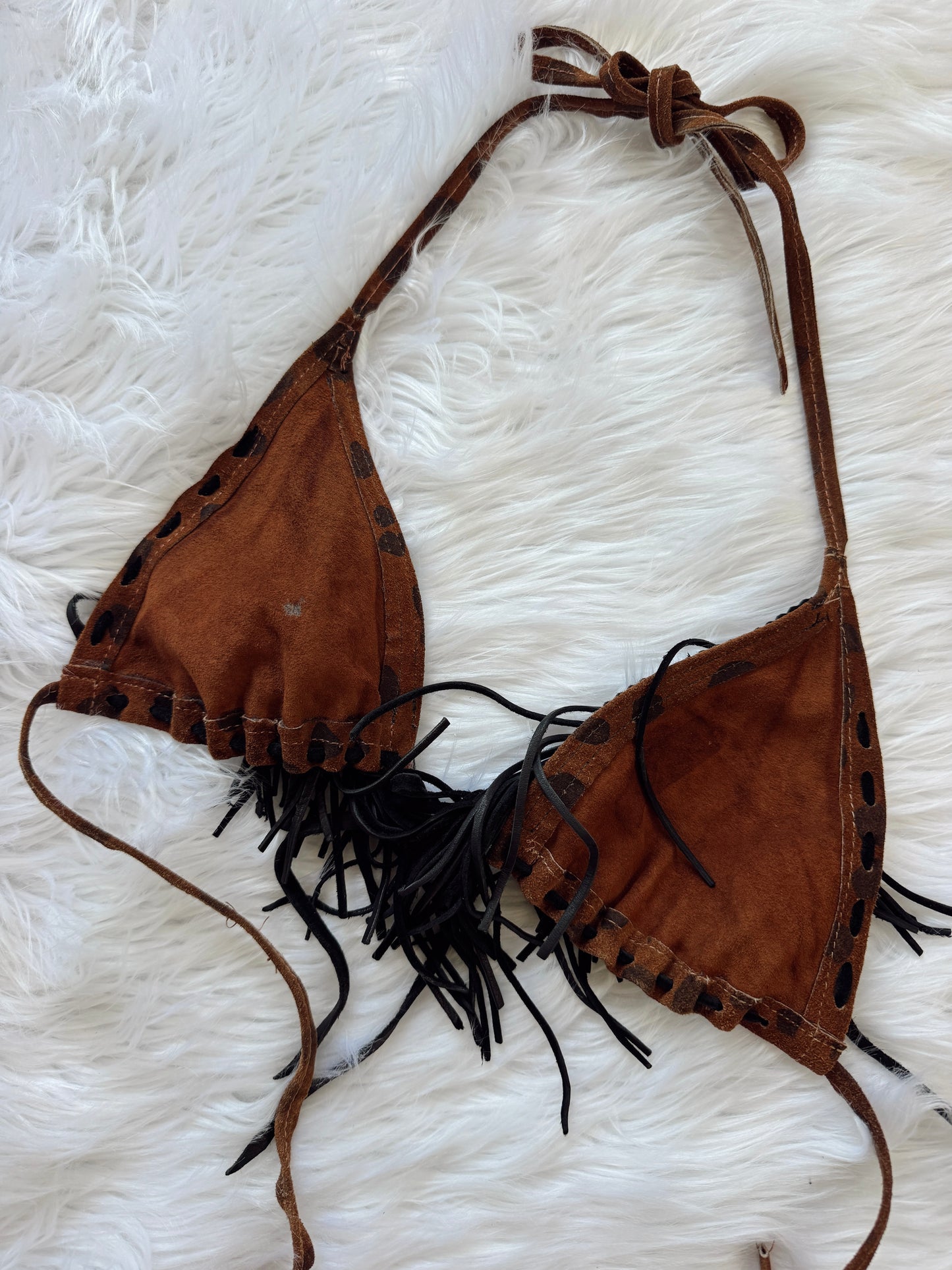 Vintage Leopard Suede Fringe Halter Top