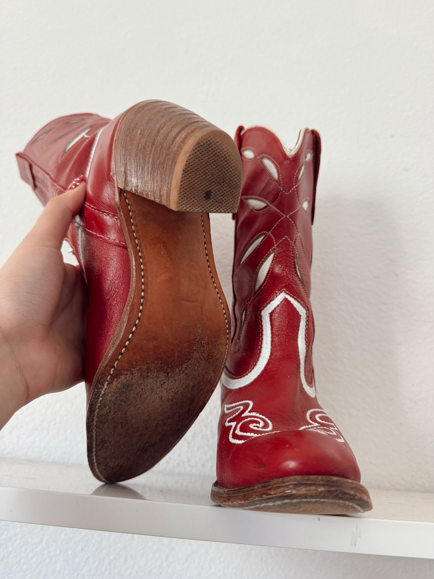 Vintage Red & White Inlay Cowboy Boots