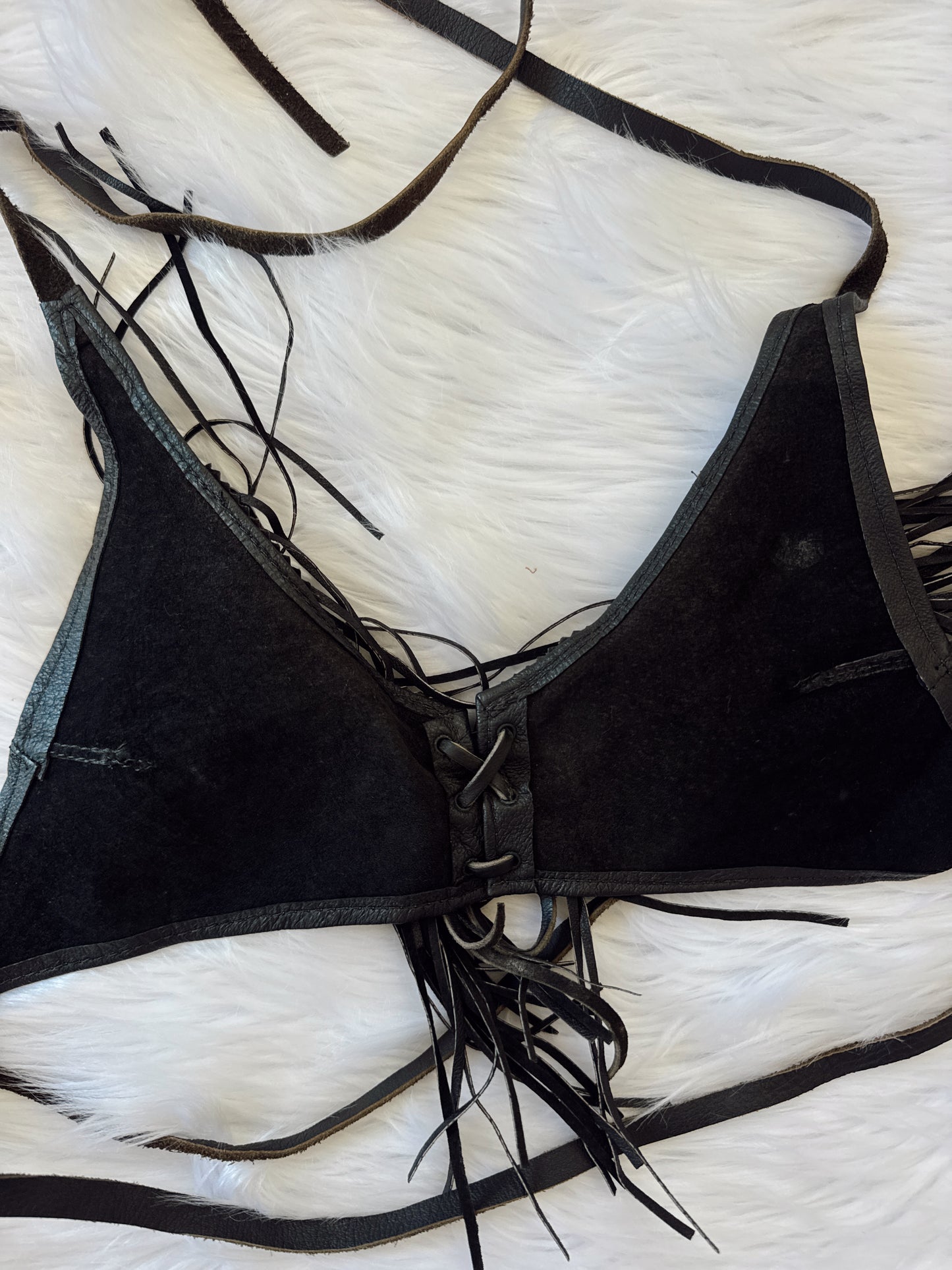Vintage Fringe Black Leather Halter Top