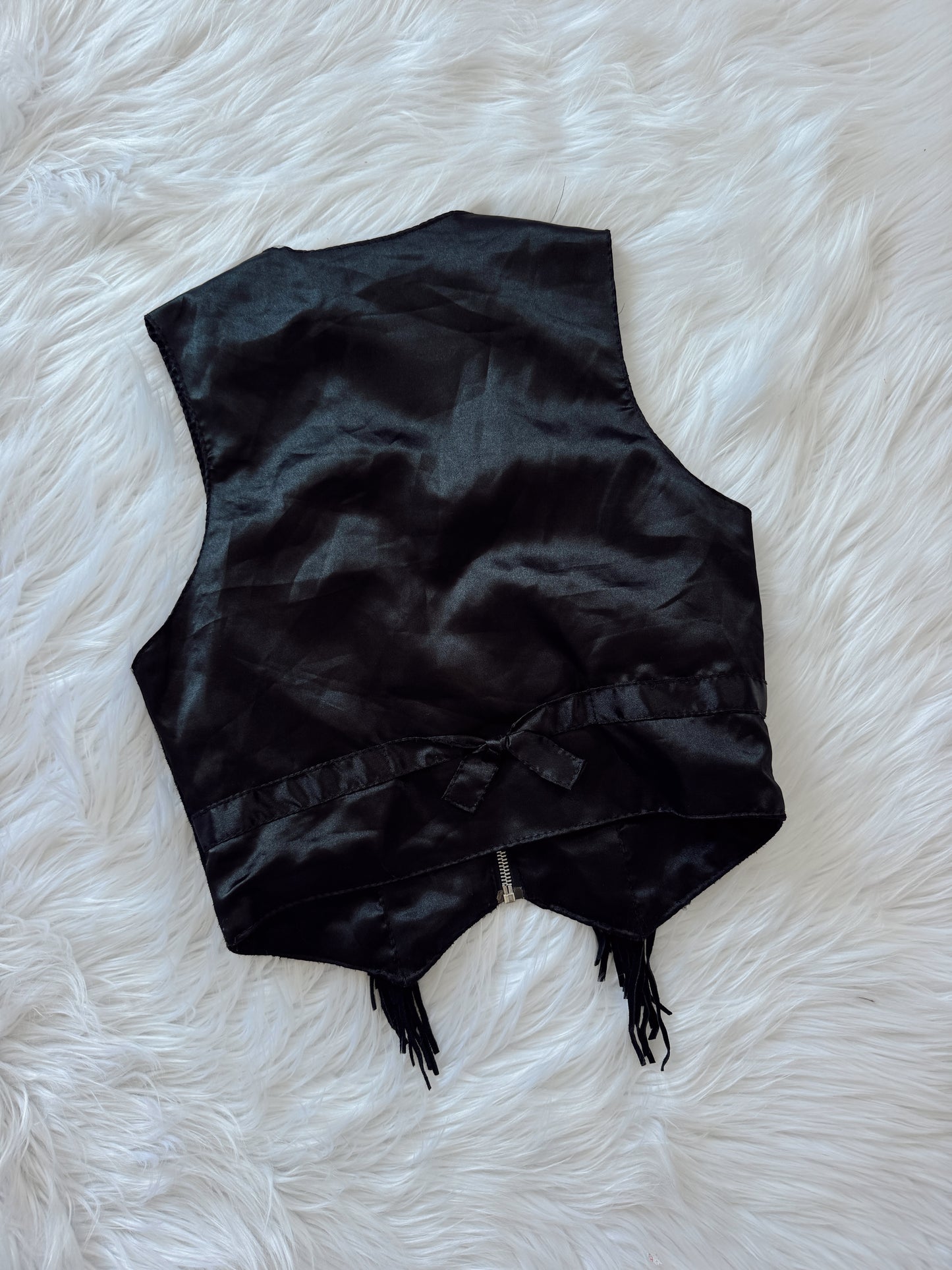 Vintage Black Fringe Zip Up Vest