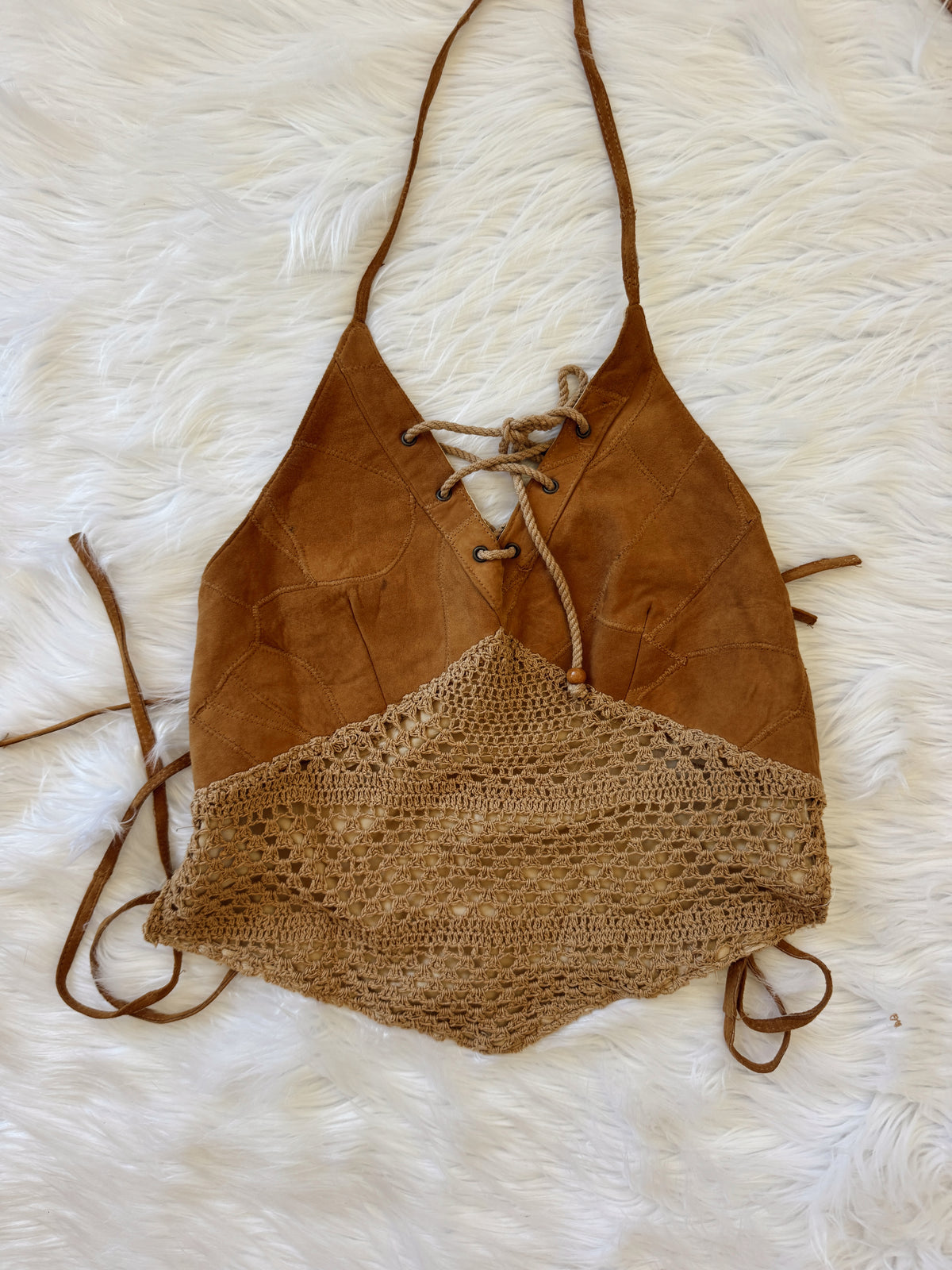Vintage Suede Crochet Halter Top