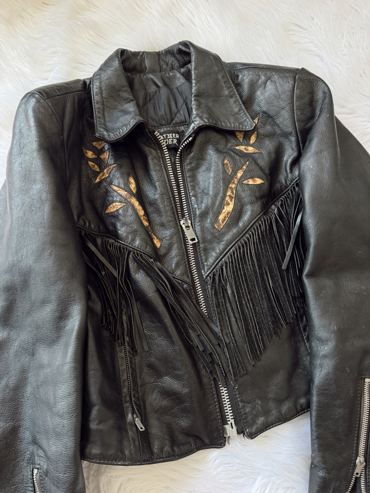 Vintage Snakeskin Rose Leather Fringe Jacket