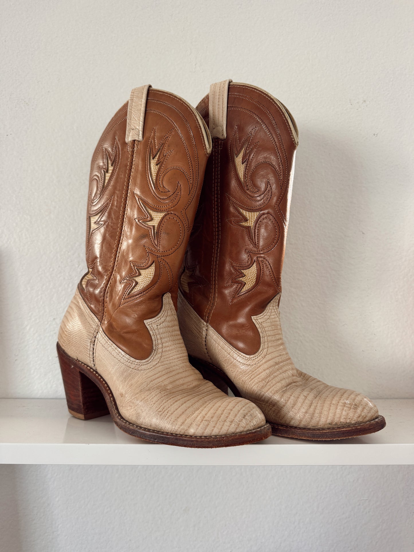 Vintage Cream & Brown Inlay Cowboy Boots