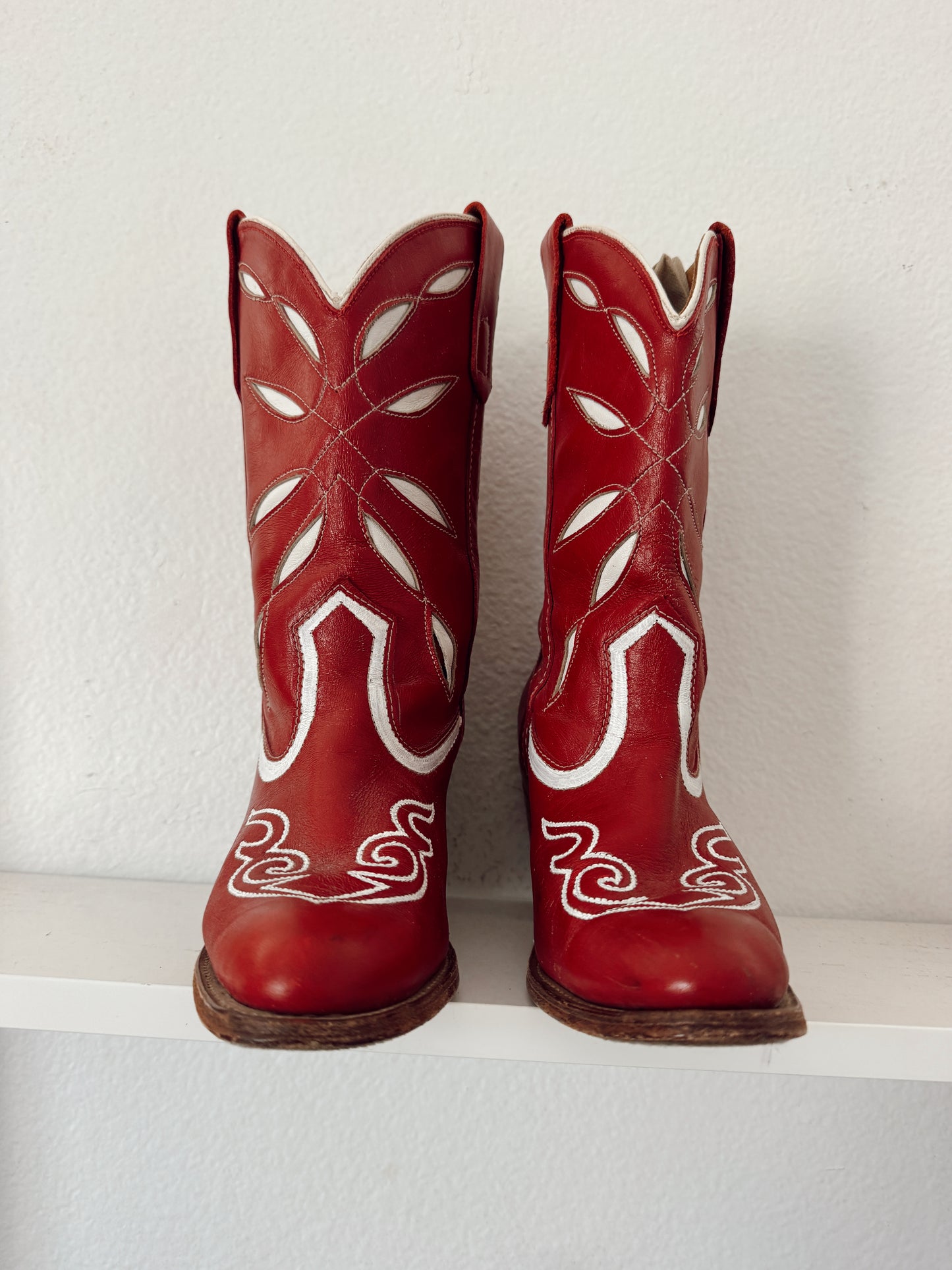 Vintage Red & White Inlay Cowboy Boots