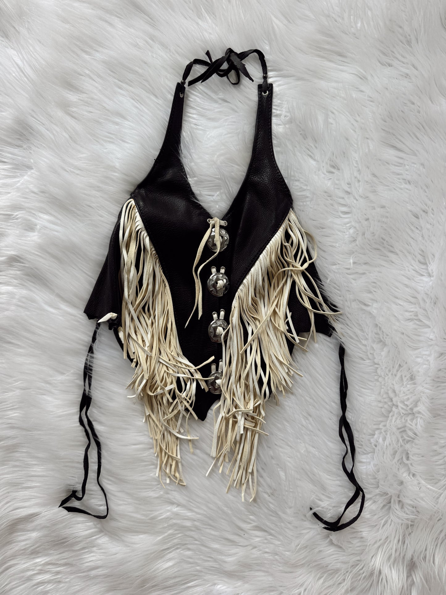 Vintage Black & White Fringe Leather Halter Top