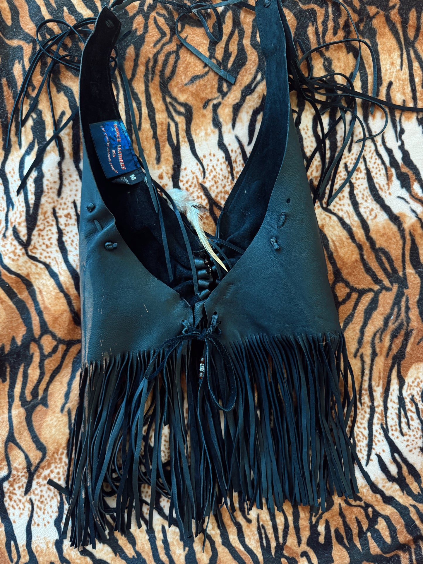 Vintage Balck leather Feather Halter Top