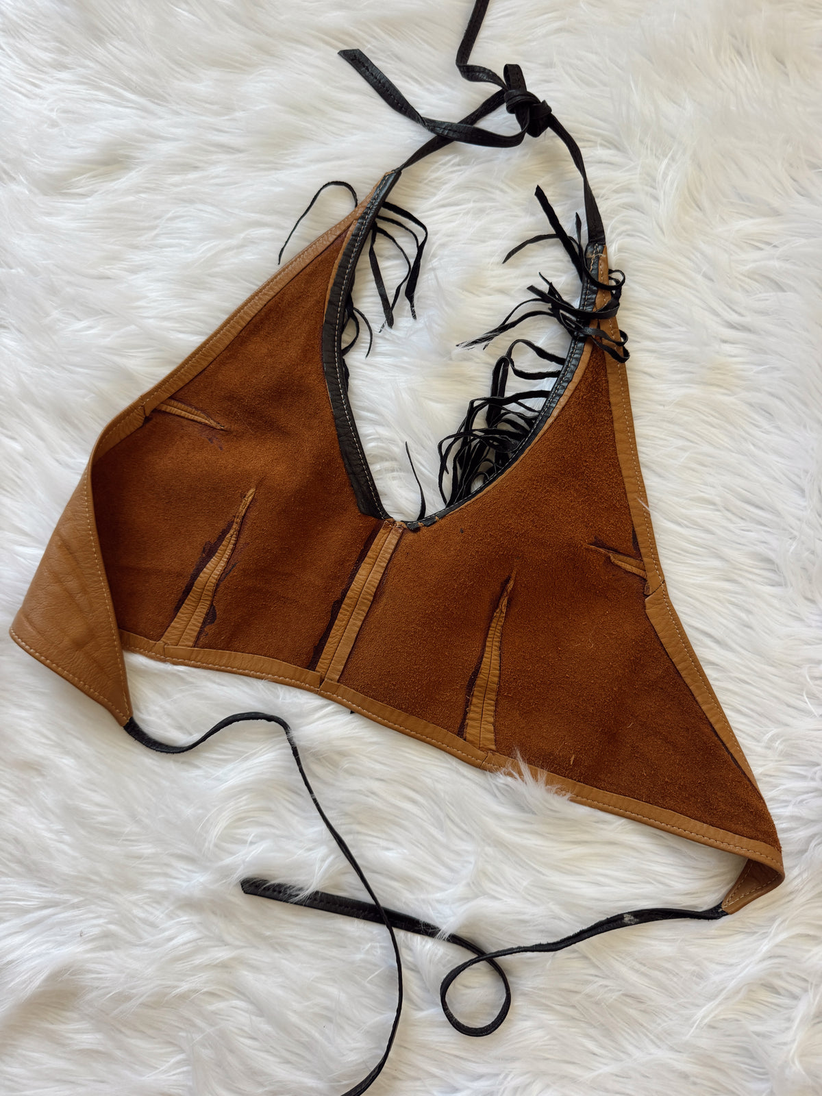 Vintage Tan & Black Leather Fringe Halter Top