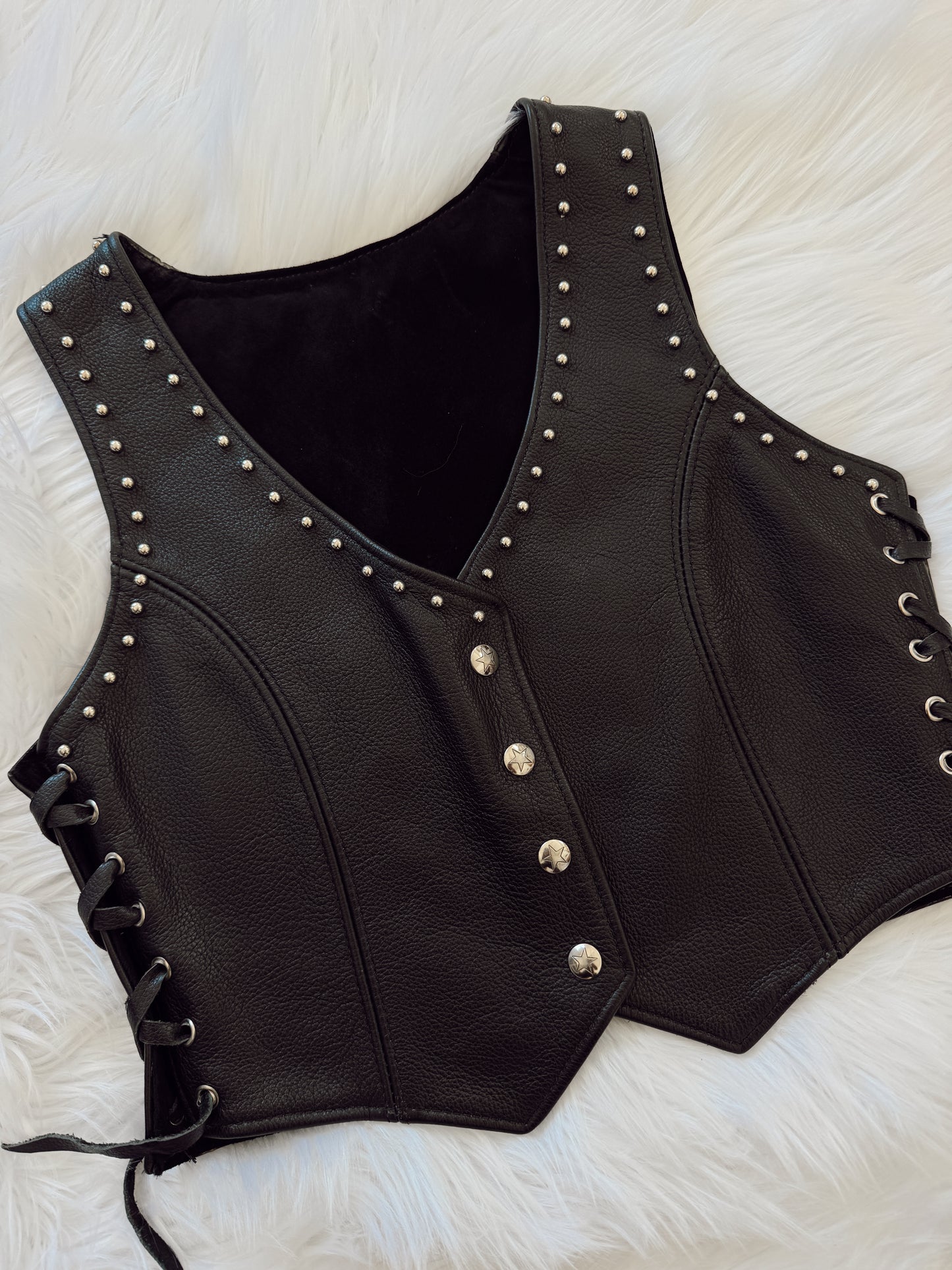 Vintage Black Leather Studded Star Vest