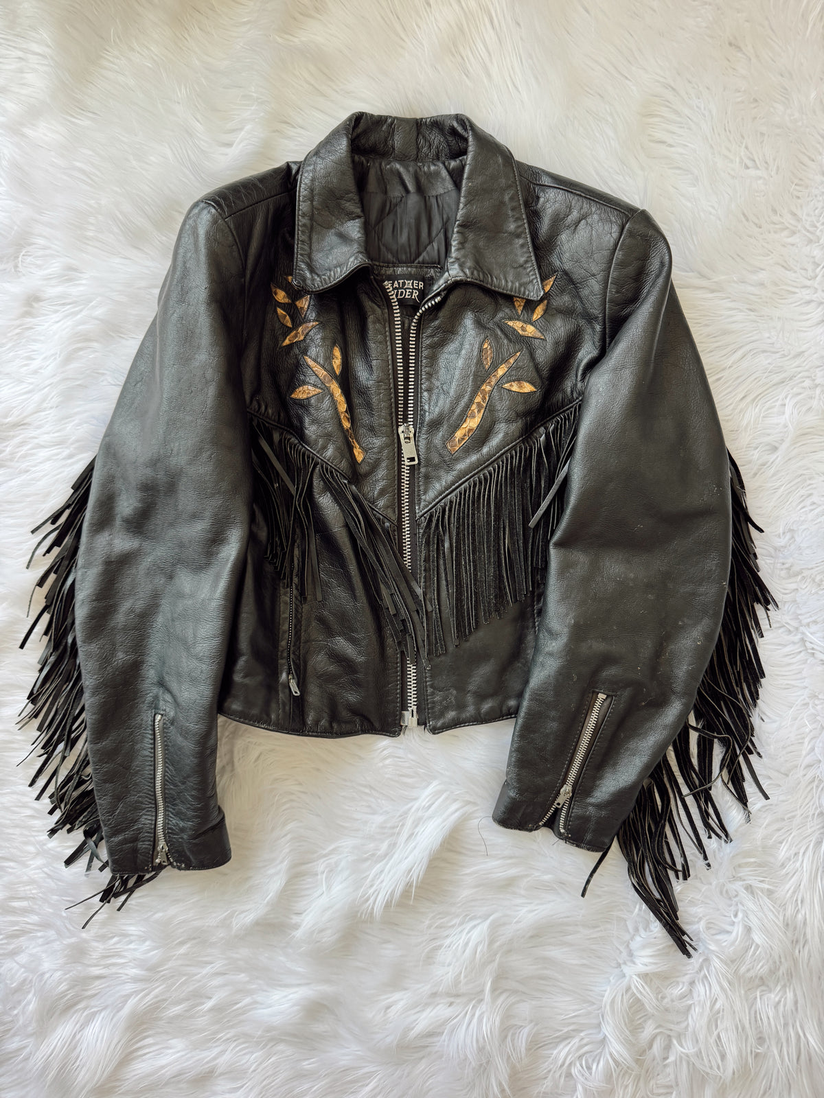 Vintage Snakeskin Rose Leather Fringe Jacket
